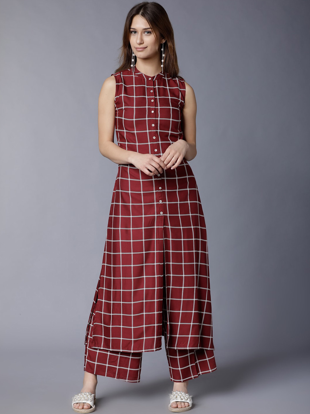 Vishudh Women Maroon High Slit Kurta with Palazzos