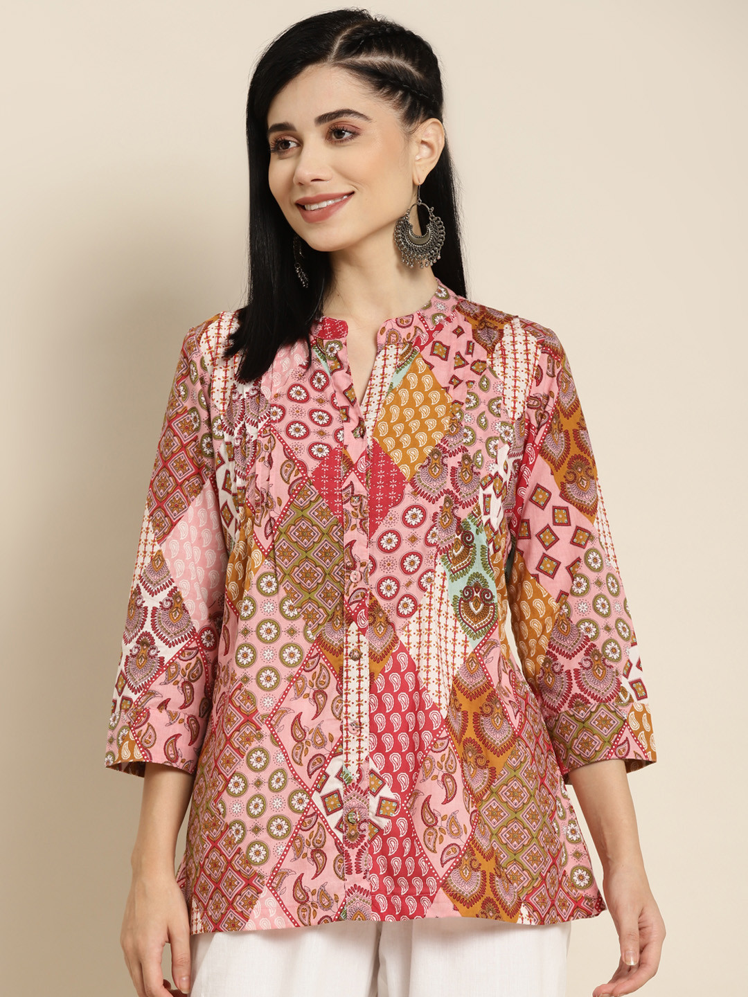 Rain & Rainbow Peach-Coloured & Yellow Printed Pure Cotton Kurti