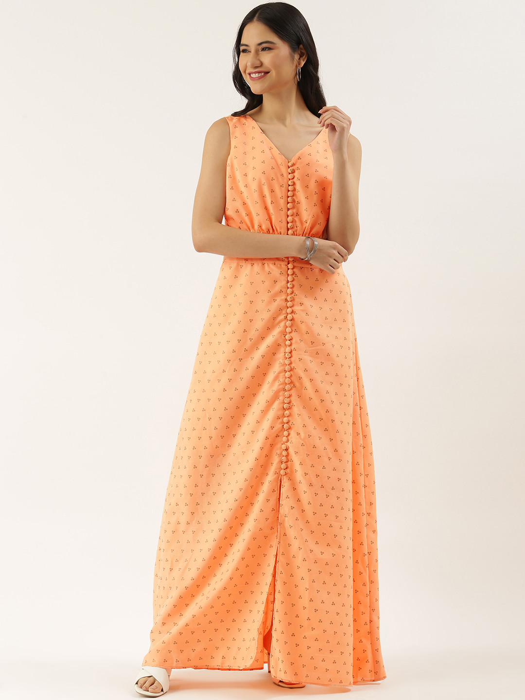 Ethnovog Peach-Coloured  Coffee Brown Foil Print Cotton Front-Slit A-Line Maxi Dress