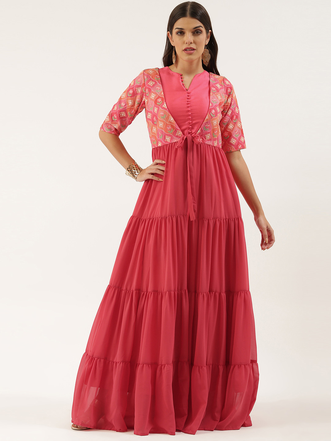 Ethnovog Pink Ethnic Maxi Solid Dress