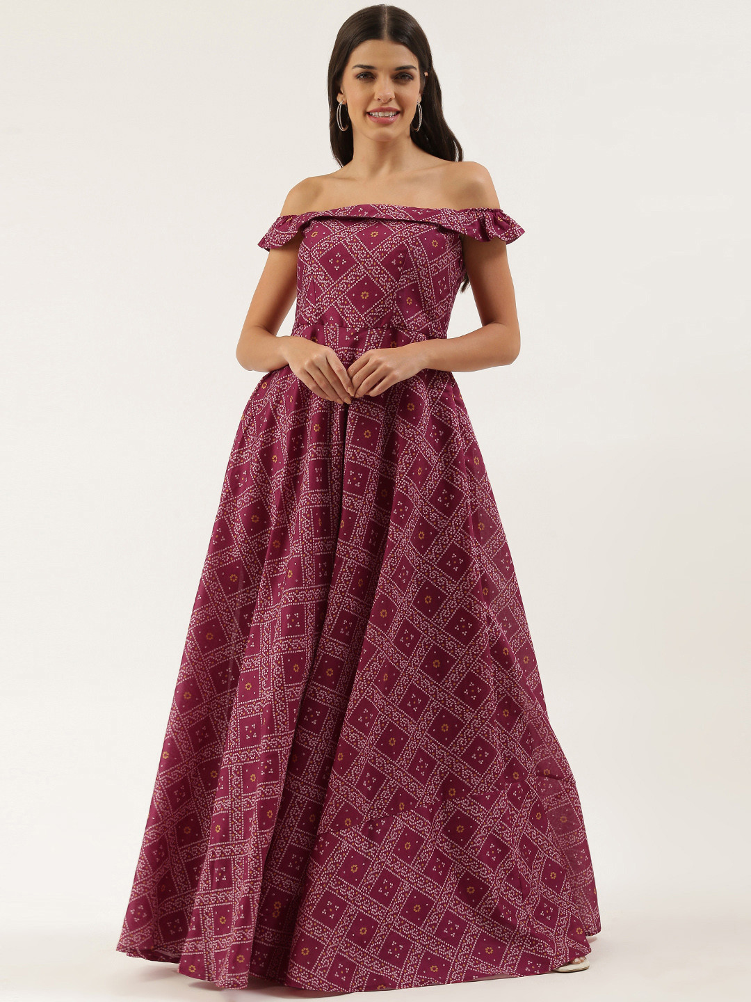 Ethnovog Maroon  White Digital Printed Bandhani Print Off-Shoulder Maxi Ethnic Dress