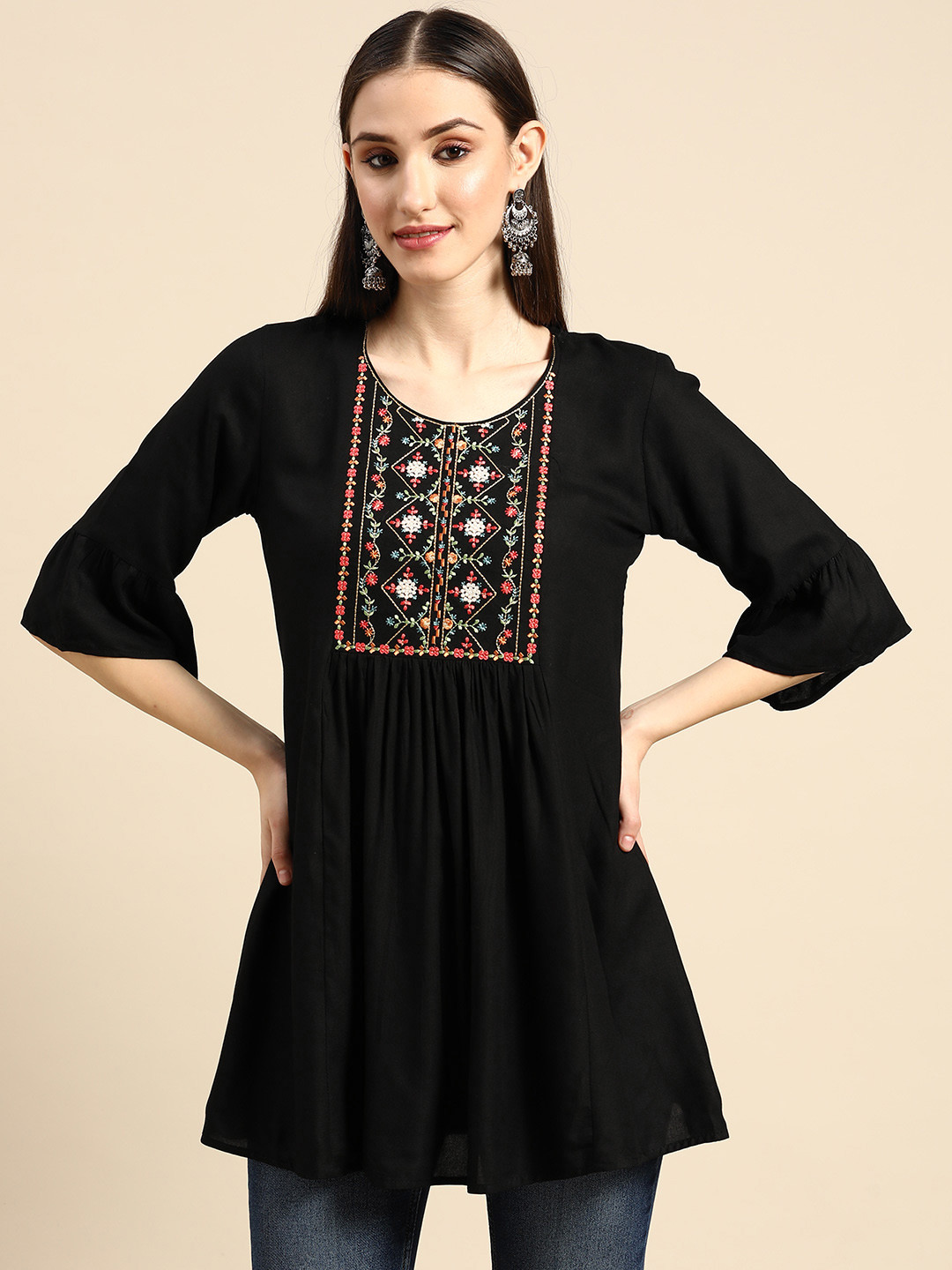 Sangria Black Floral Embroidered Top
