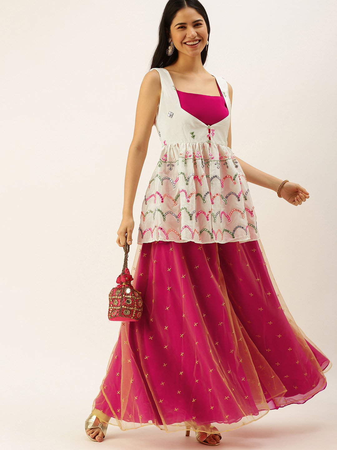 Ethnovog Women White  Fuchsia Pink Mirror Work Top with Sharara