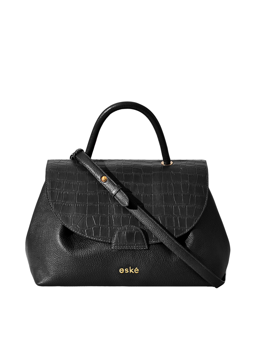 eske Women Black Croco Textured Flap Closure Spacious Design Pebble Body Leather Handbag