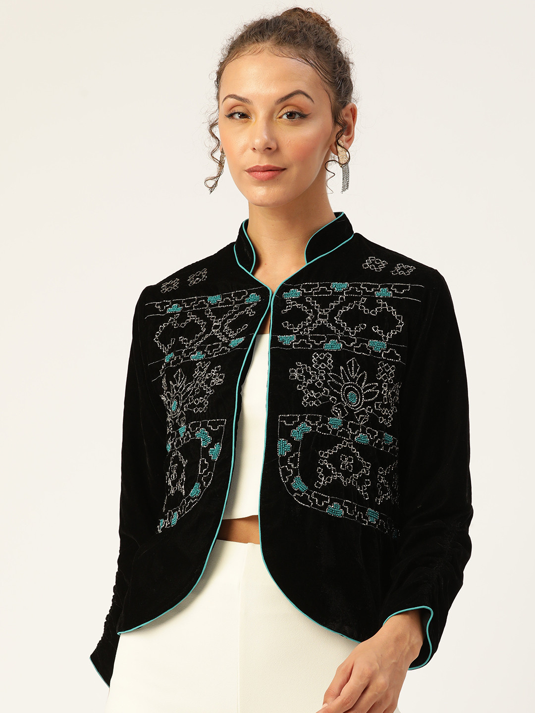 Antheaa Women Black Velvet Finish Beaded Open Front Jacket