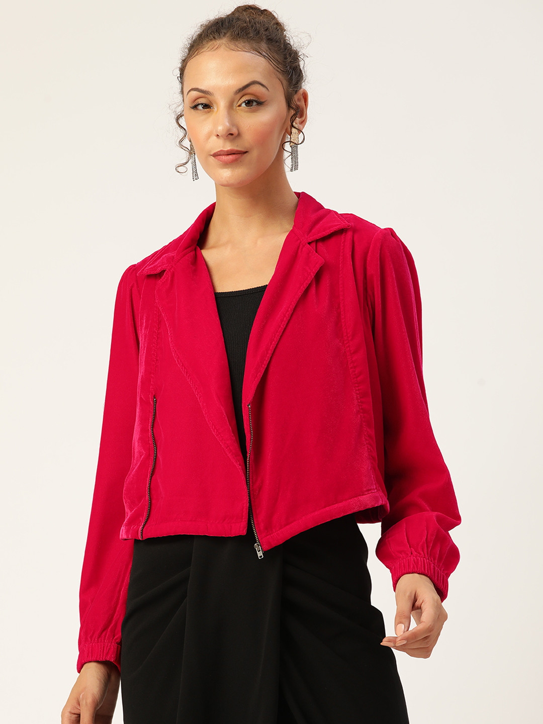 Antheaa Women Red Velvet Finish Tailored Jacket