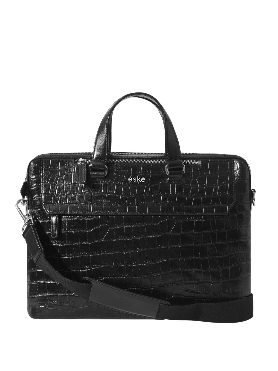 eske Men Black Textured Removable Strap Multiple Organizers 15 inch Leather Laptop Bag