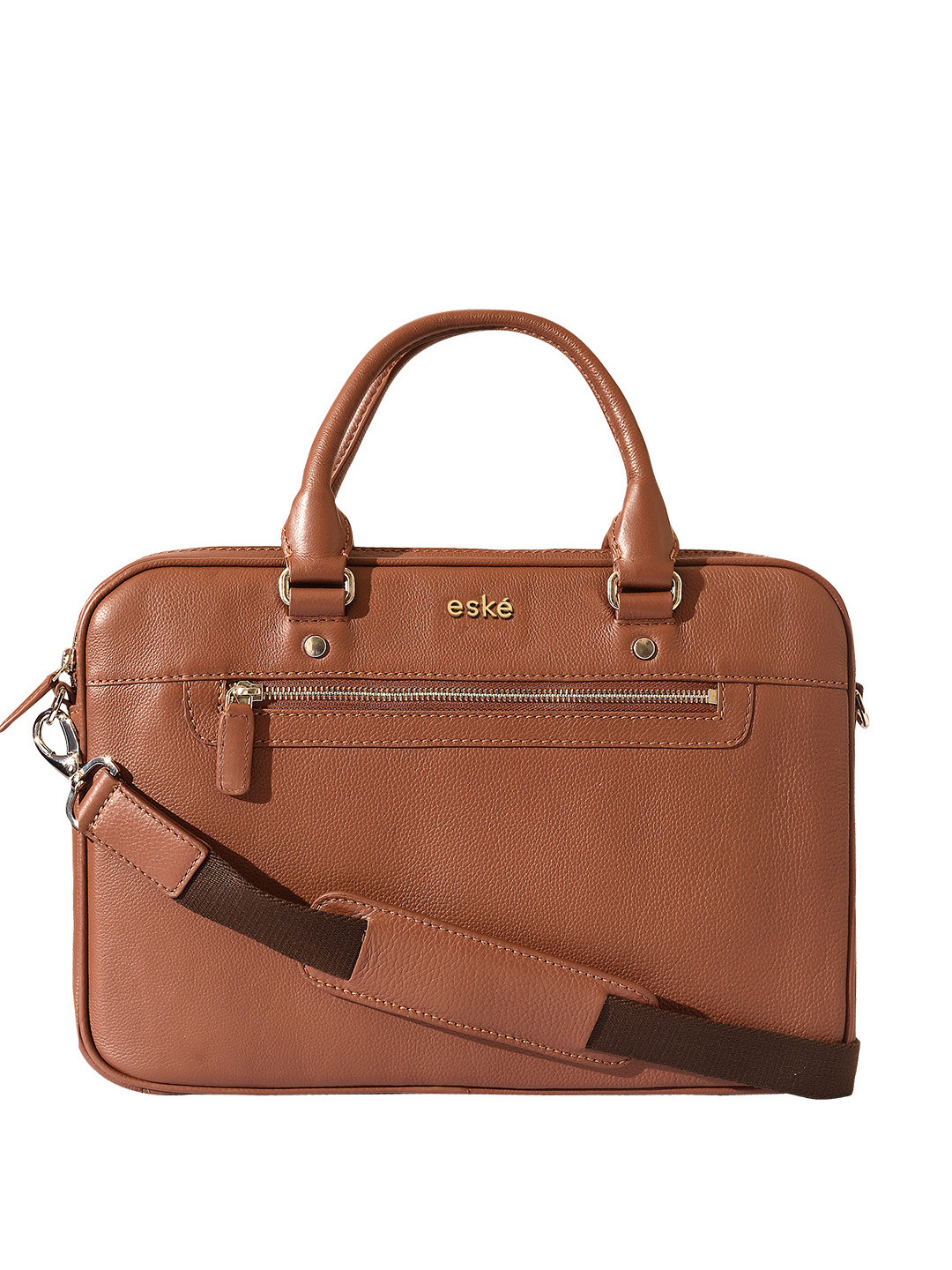 eske Women Brown Solid Slim Design Detachable Strap 13 inch Leather Laptop Bag Briefcase