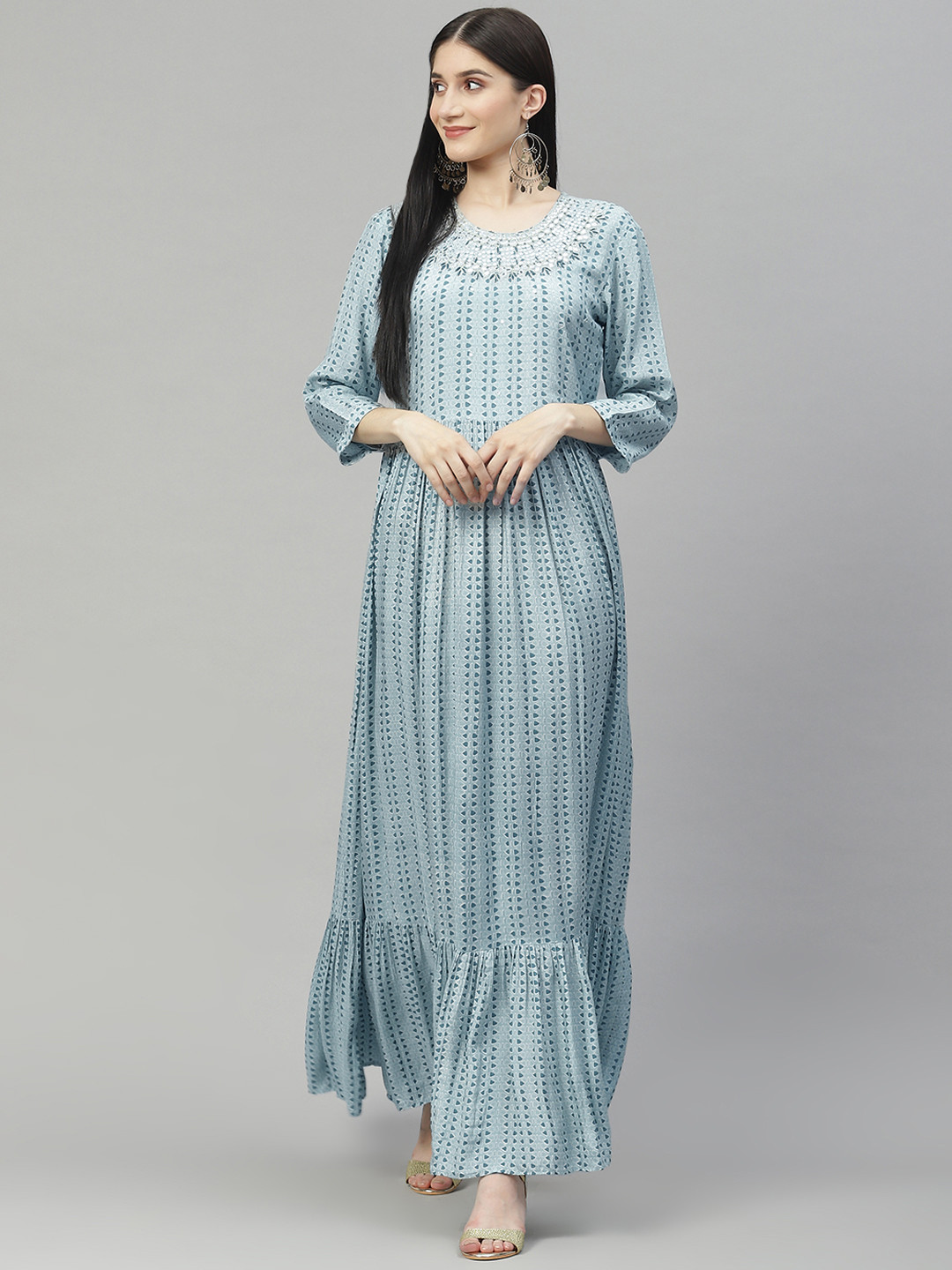 Divena Blue Printed Mirror Work Detail Muslin Maxi Flared Gown