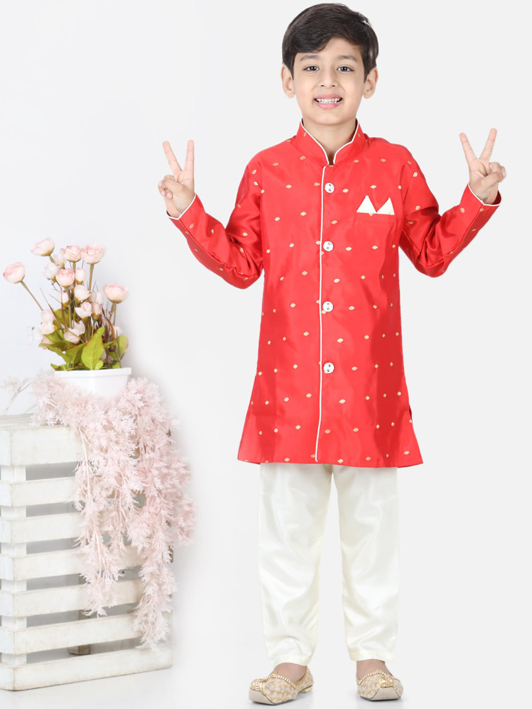 BownBee Boys Red & White Woven-Design Sherwani Set