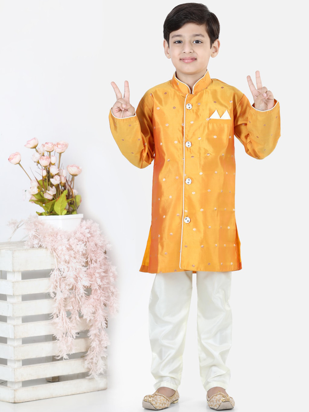 BownBee Boys Yellow Woven Design Sherwani