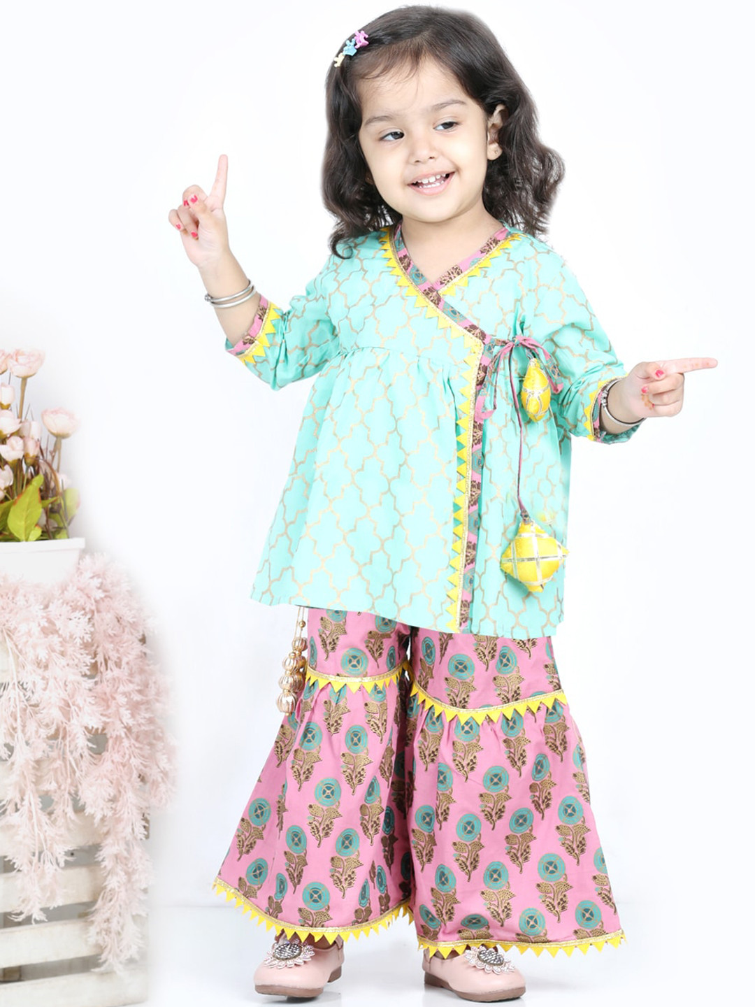 BownBee Girls Green Block Print Pure Cotton Angrakha Kurti with Sharara Set