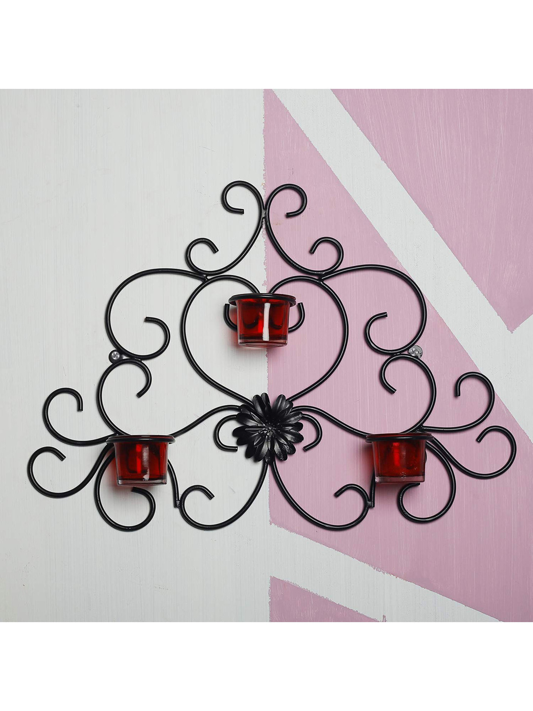 Home Sparkle Black & Red Iron Wall Tealight Candle Holder With Votive Glass Set