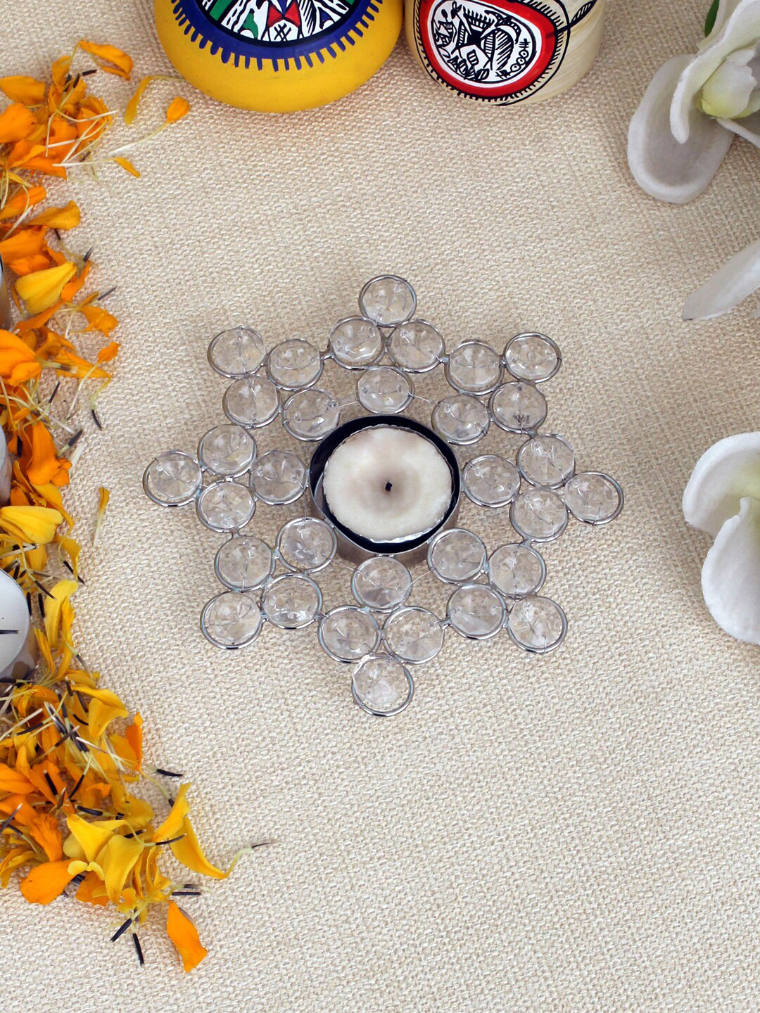 Home Sparkle Silver-Toned Solid Crystal Tea-light Candle Holder