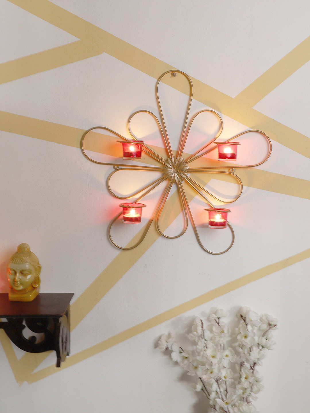 Home Sparkle Gold Toned and Red Tealight Wall Hanging Candle Holder With Votive Glass Set