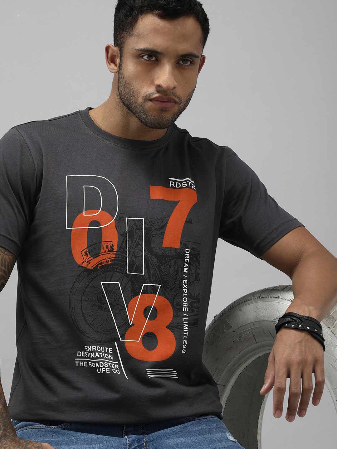 Roadster Men Charcoal & Orange Biker Printed Pure Cotton T-shirt