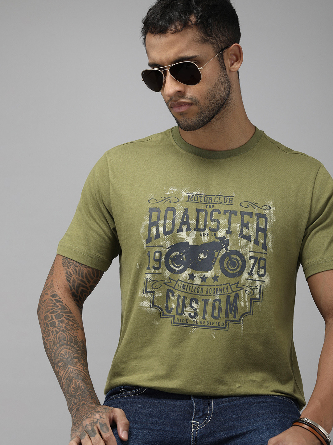 Roadster Men Olive Green Biker Printed Pure Cotton T-shirt