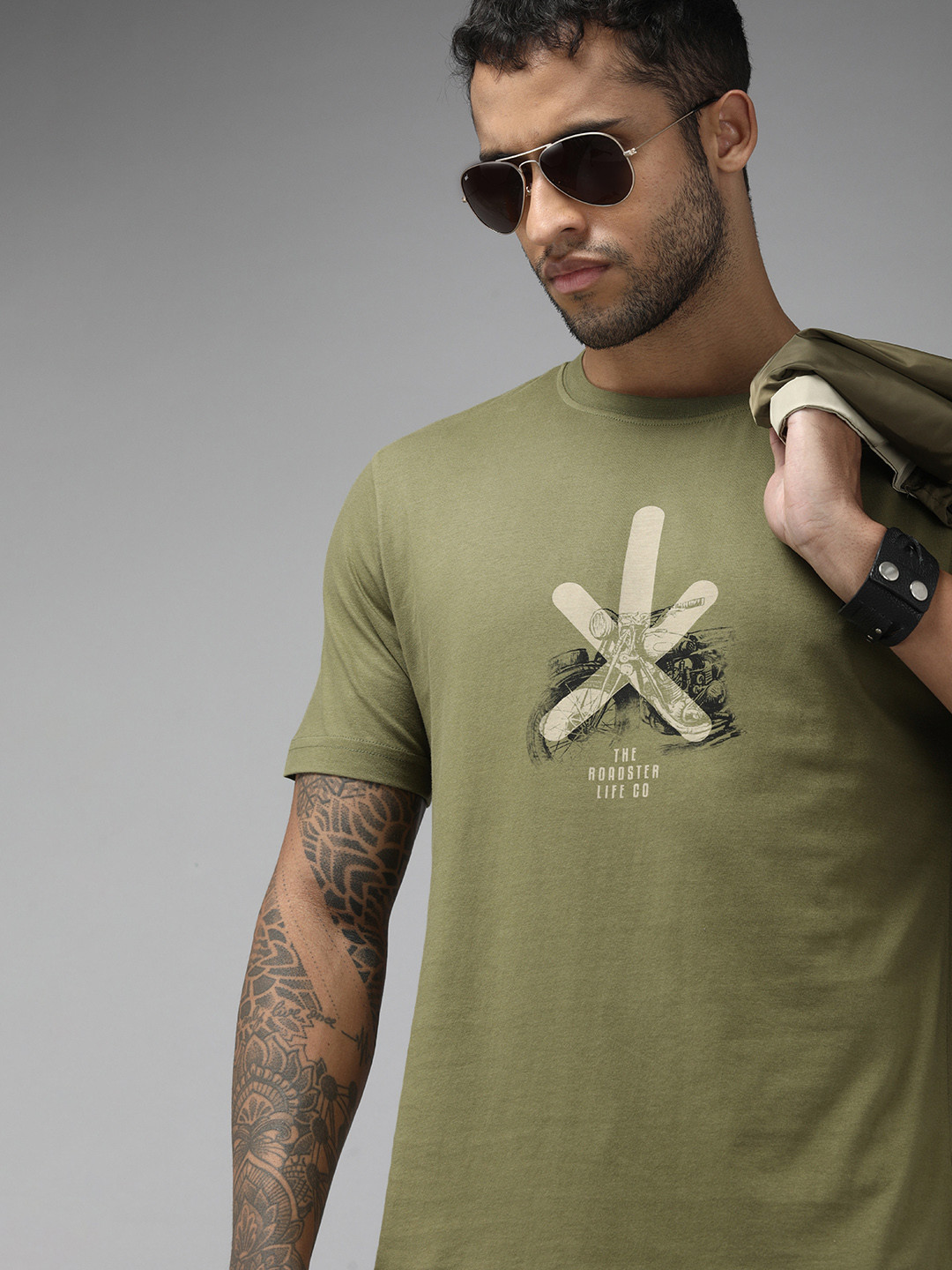 Roadster Men Olive Green Biker Printed Pure Cotton T-shirt