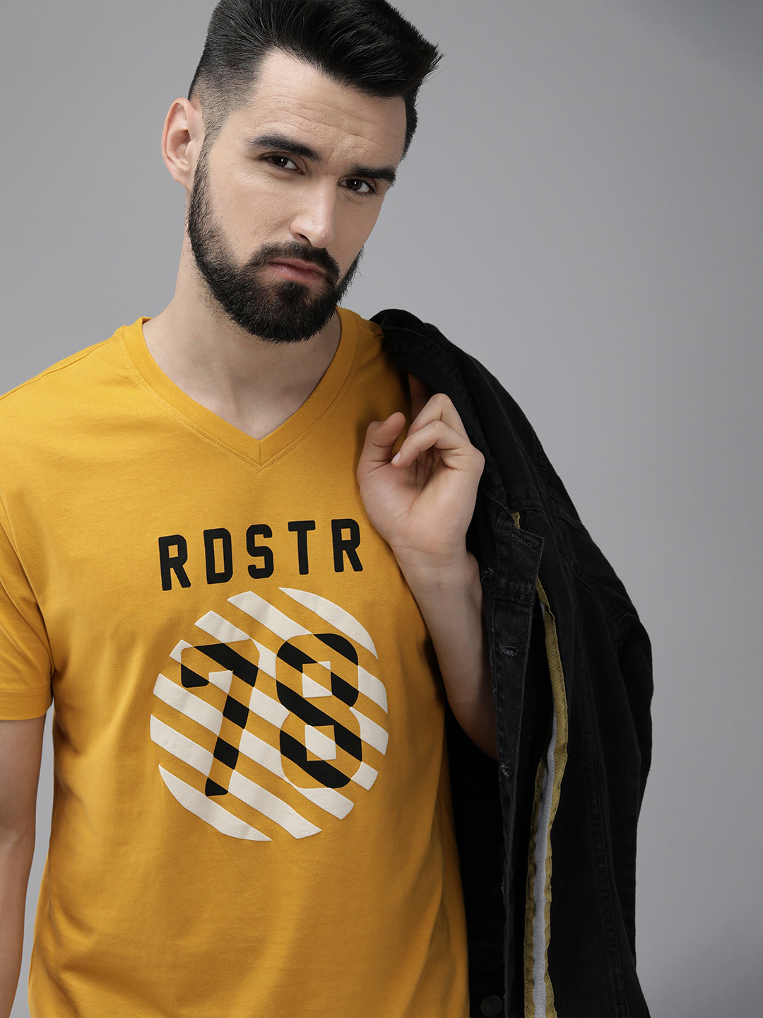 Roadster Men Mustard Yellow & Black Brand Logo Printed V-Neck Pure Cotton T-shirt