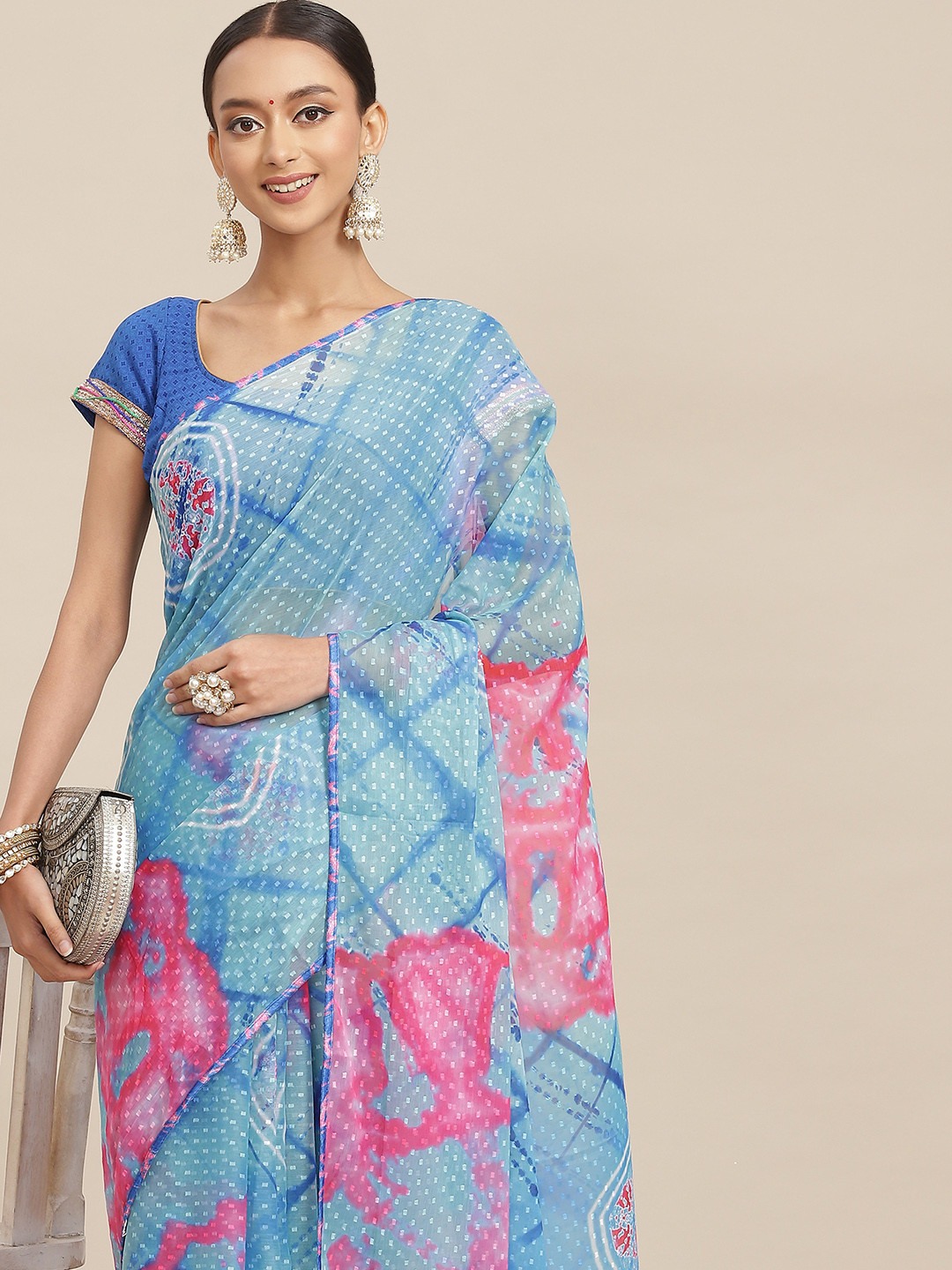 Chhabra 555 Blue & Pink Tie and Dye Leheriya Saree
