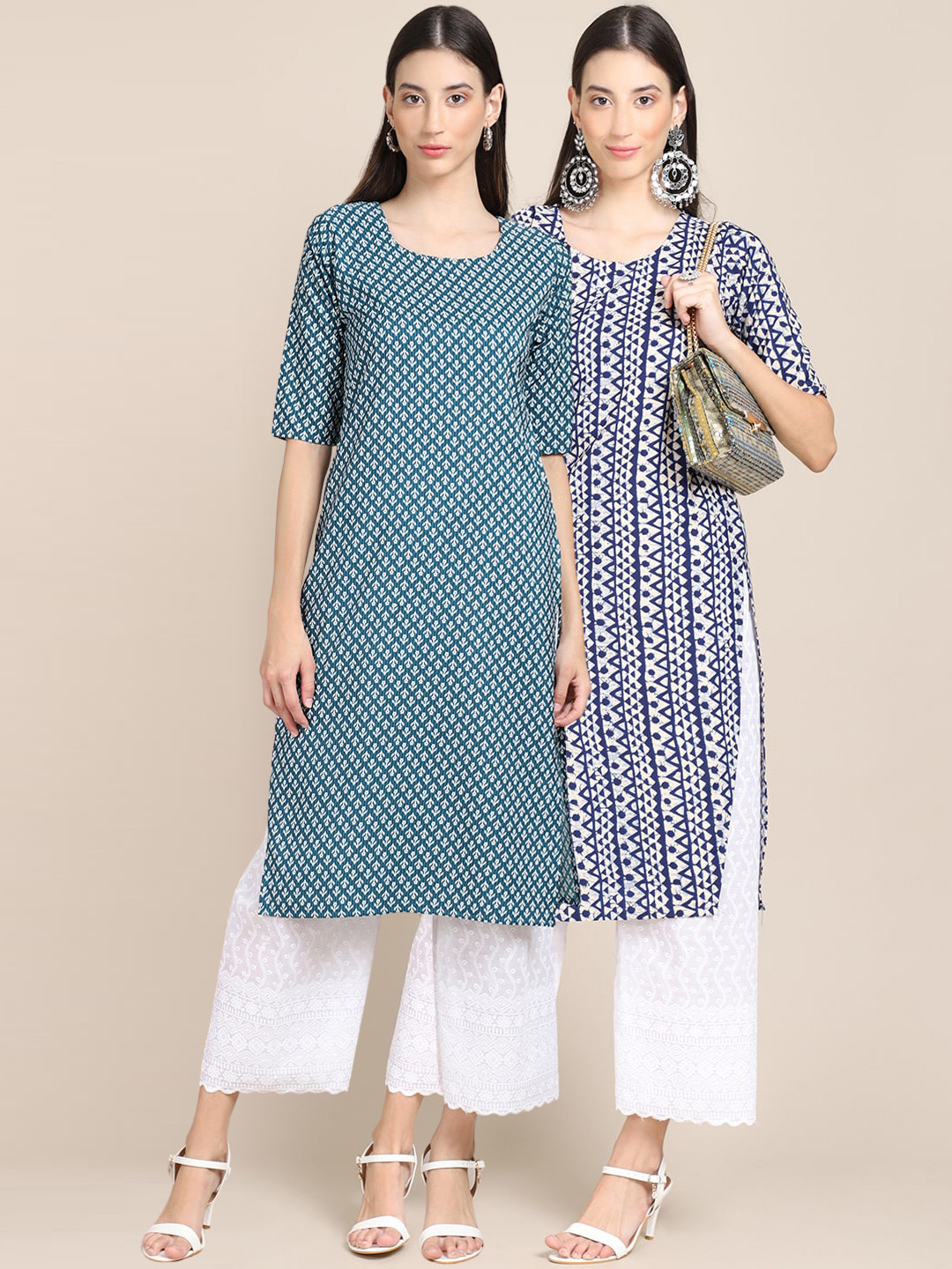 7Threads Women Pack Of 2Sea Green & Navy Blue Geometric Striped Block Print Crepe Kurtas