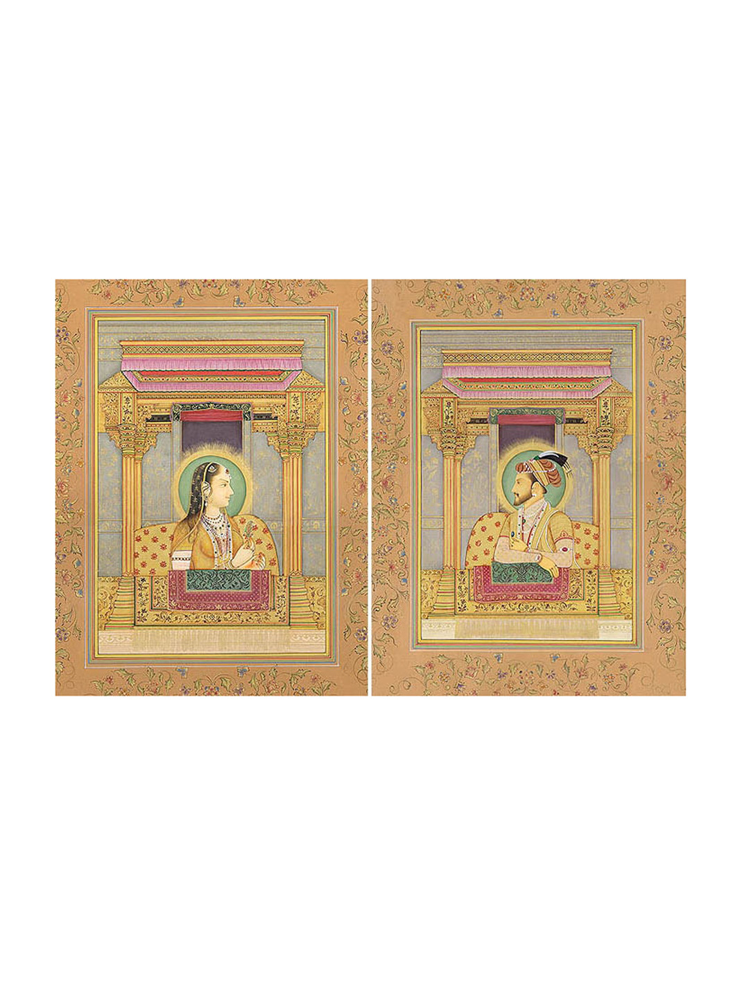 Exotic India Set of 2 Mughal Emperor Shahjahan and Empress Mumtaj Mahal Painting