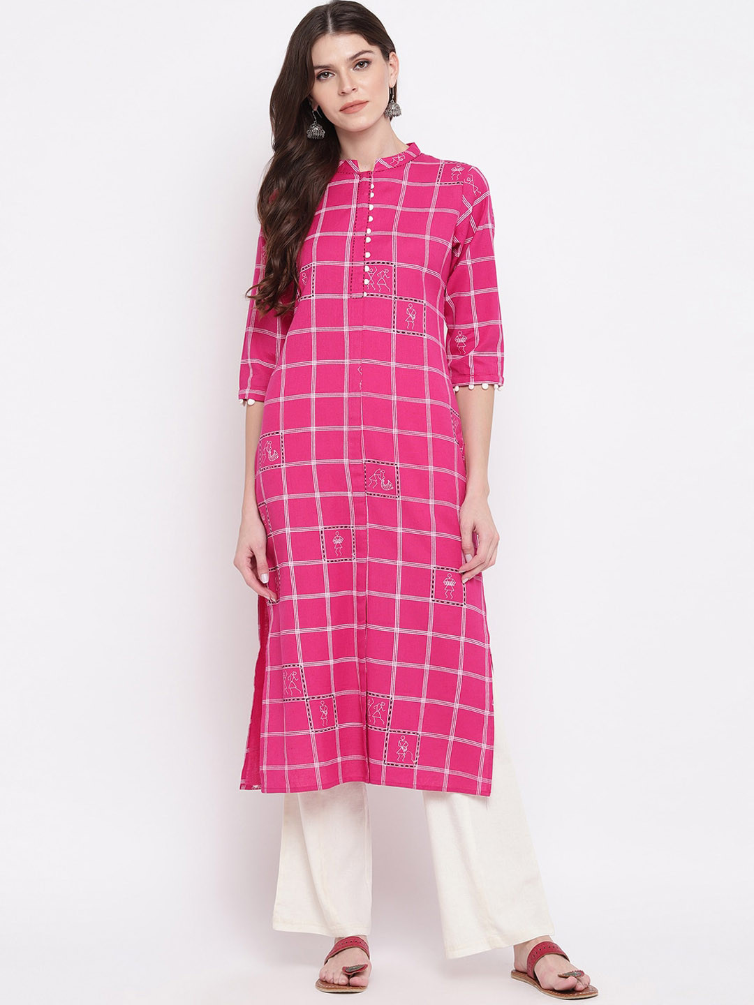 Vbuyz Women Pink Checked Printed Kurta