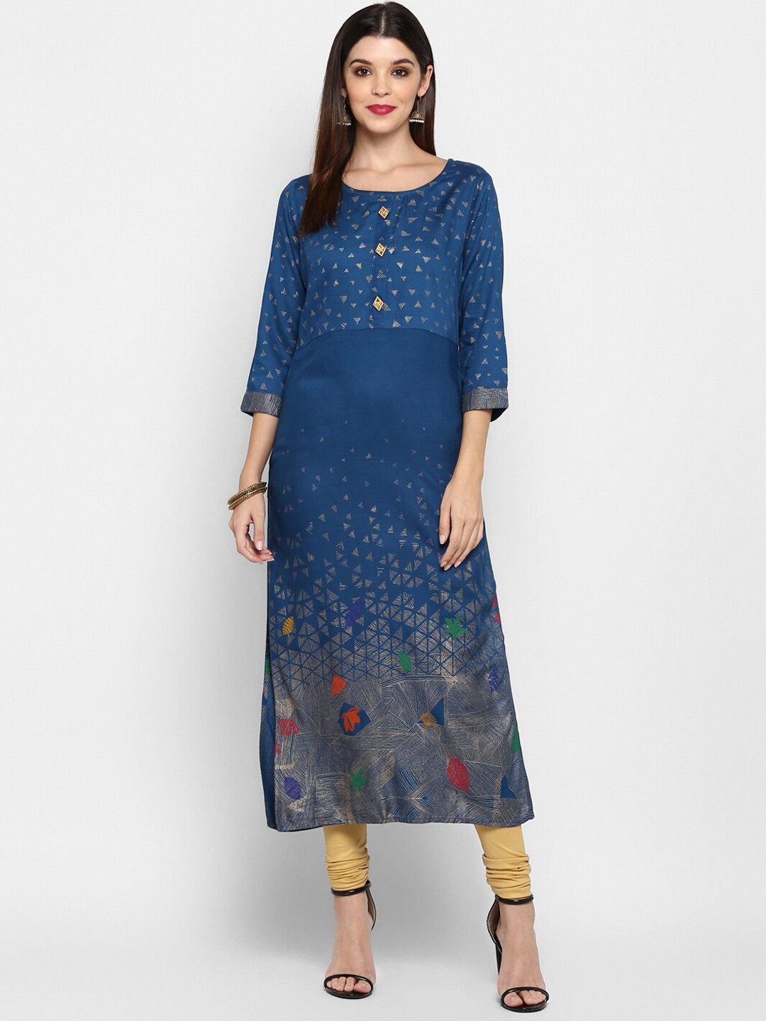 Vbuyz Women Turquoise Blue Foil Printed Rayon Straight Kurta