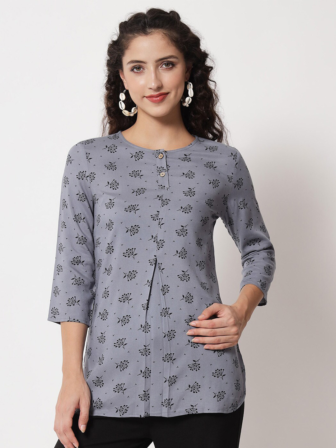 Beatnik Grey Floral Printed Pleated Kurti