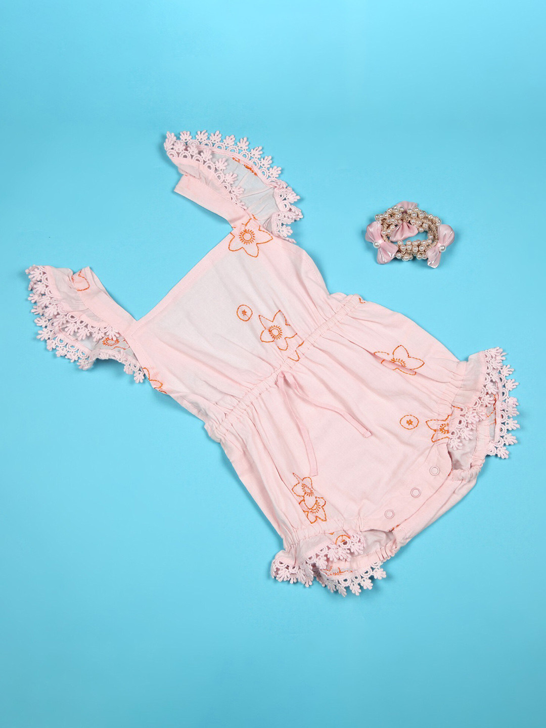 Ka-mee Girls Peach-Coloured Printed Basic Jumpsuit