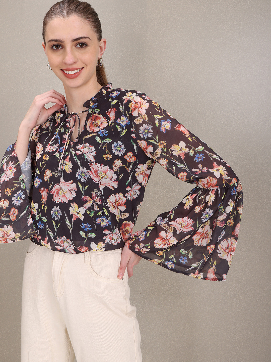 U S Polo Assn Women Black Floral Print Tie-Up Neck Georgette Top