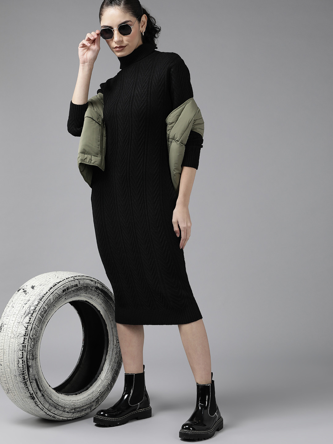 Roadster Women Black Self-Design Sweater Dress