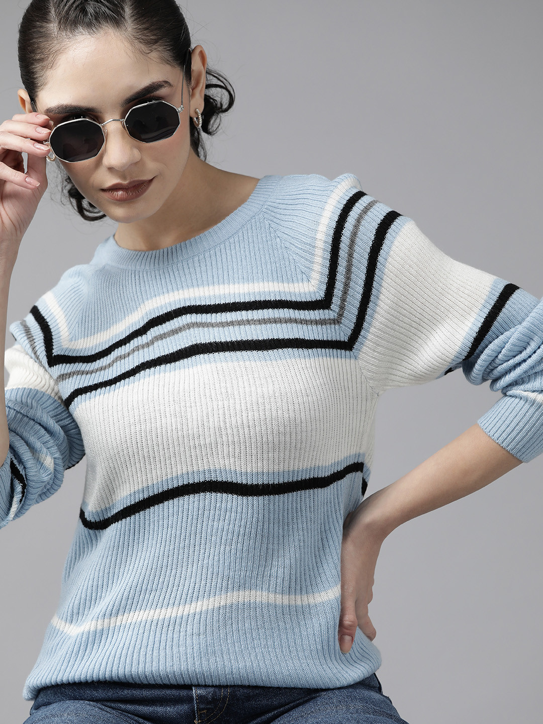 Roadster Women Blue & White Striped Acrylic Cardigan