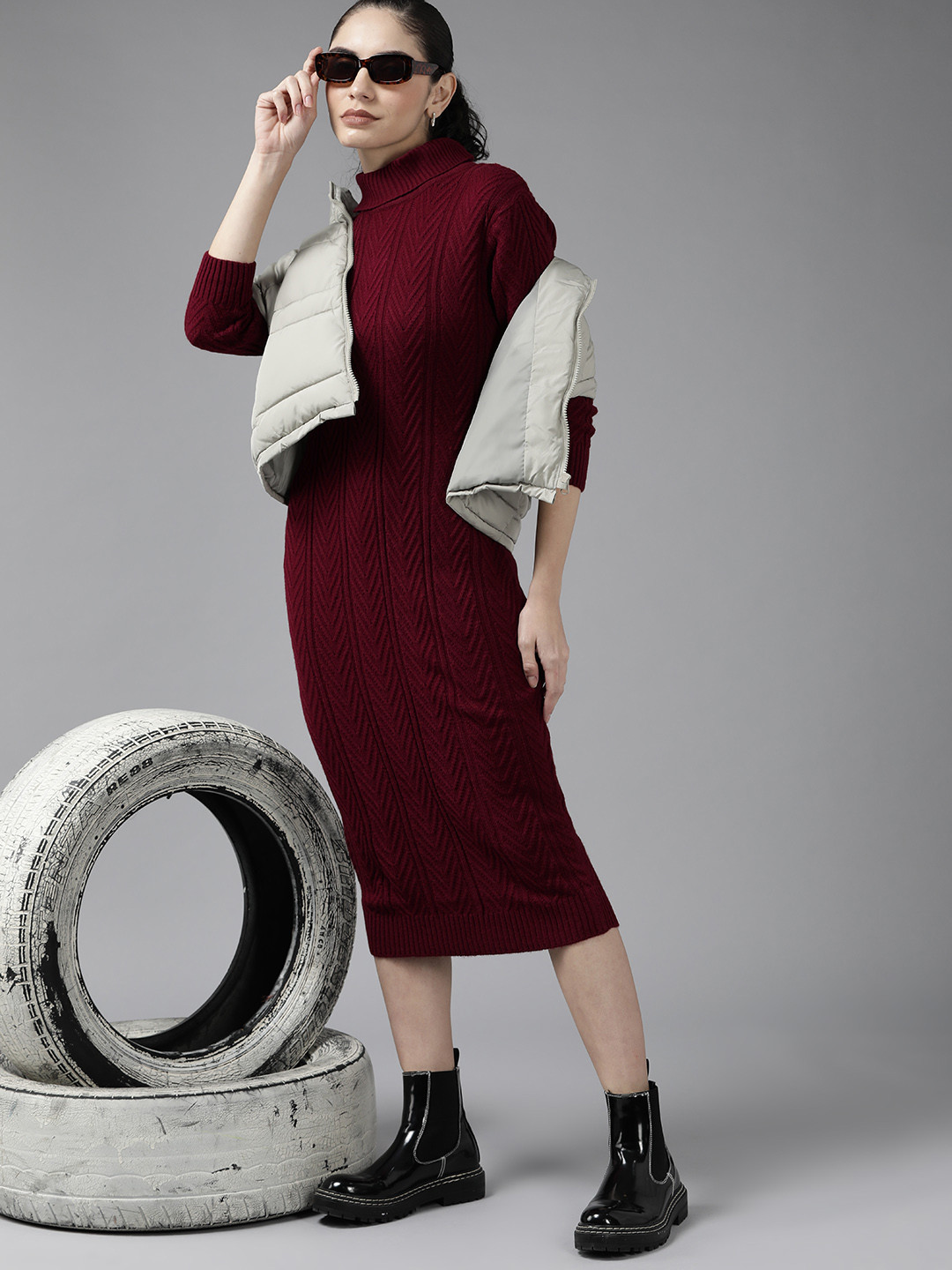 Roadster Women Maroon Self-Design Sweater Dress