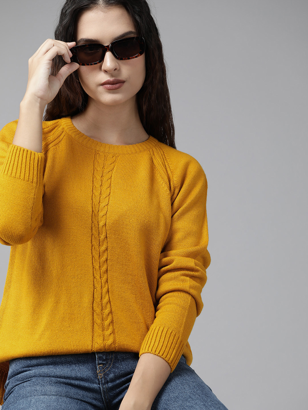 Roadster Women Mustard Yellow Cable Knit Pullover