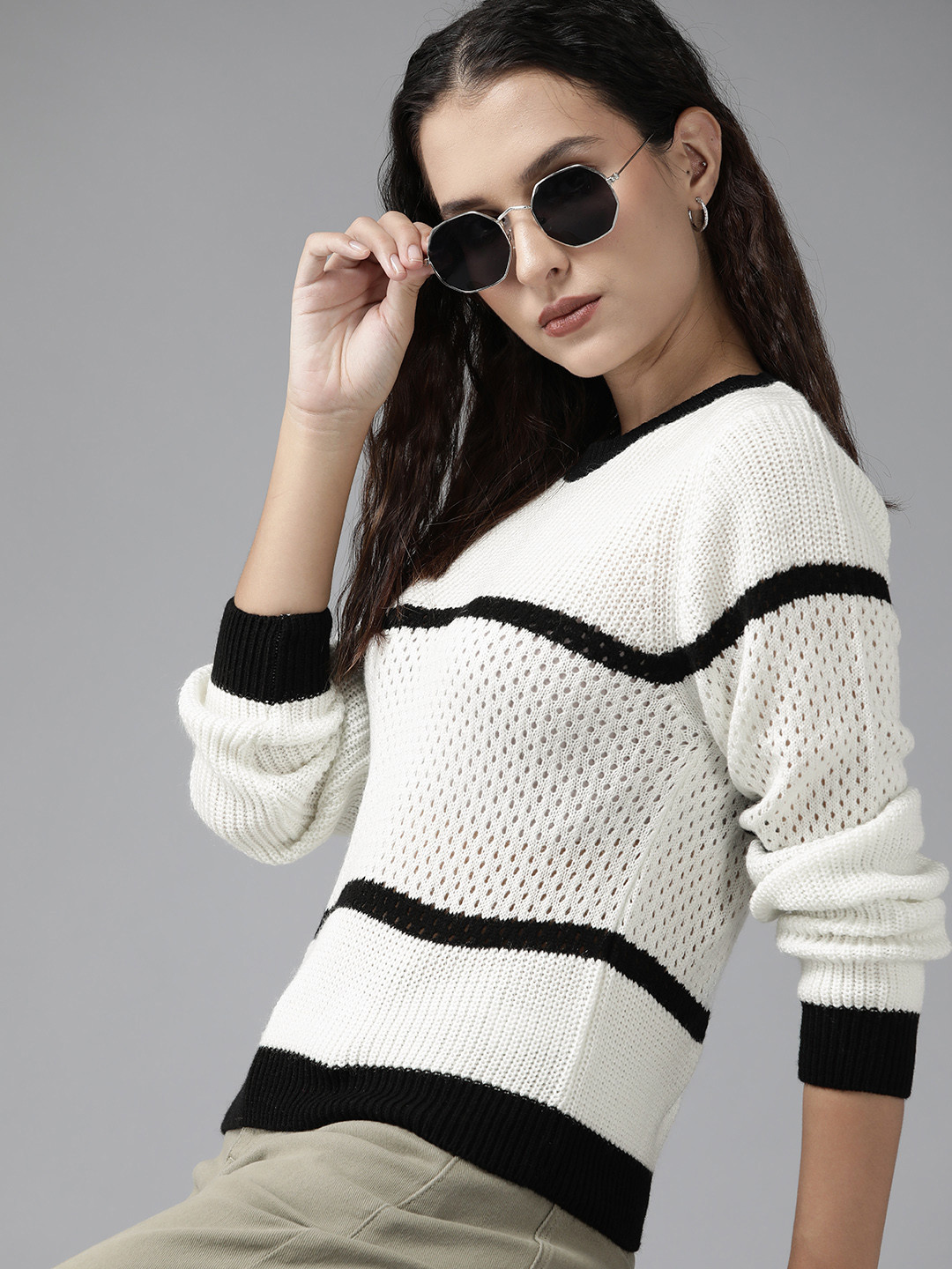 Roadster Women White & Black Striped Pullover