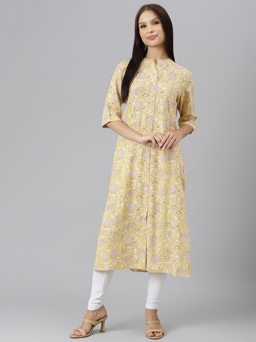 Divena Women Yellow & Off White Cotton Linen Floral Print Kurta