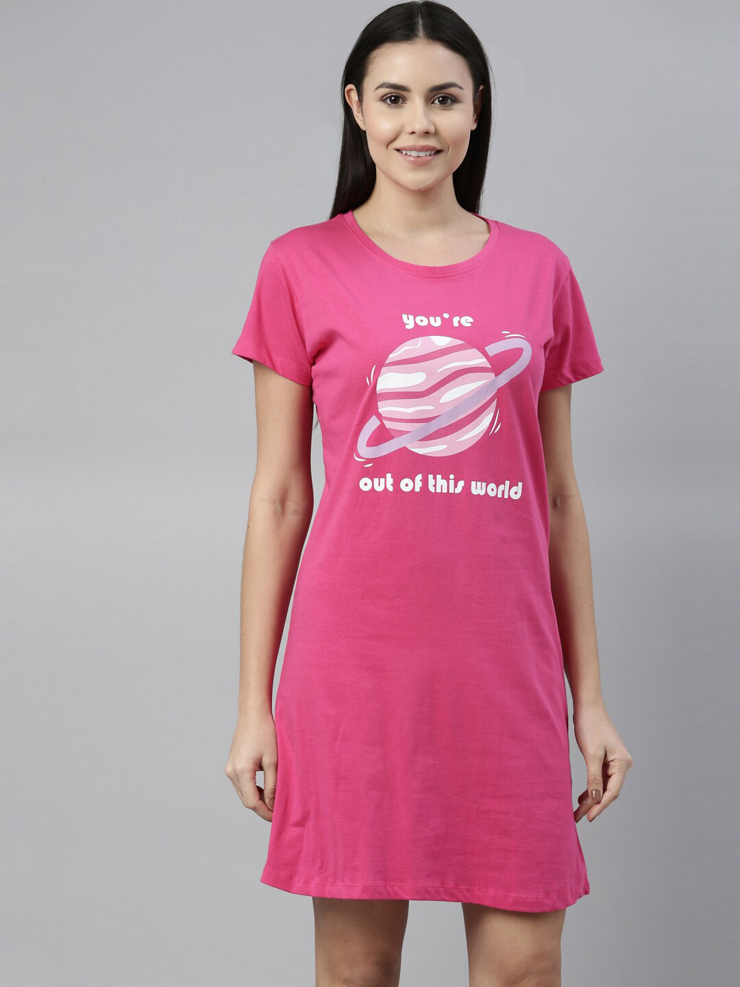 Curare Women Pink Printed Pure Cotton Nightdress CLT-FUSCIA2