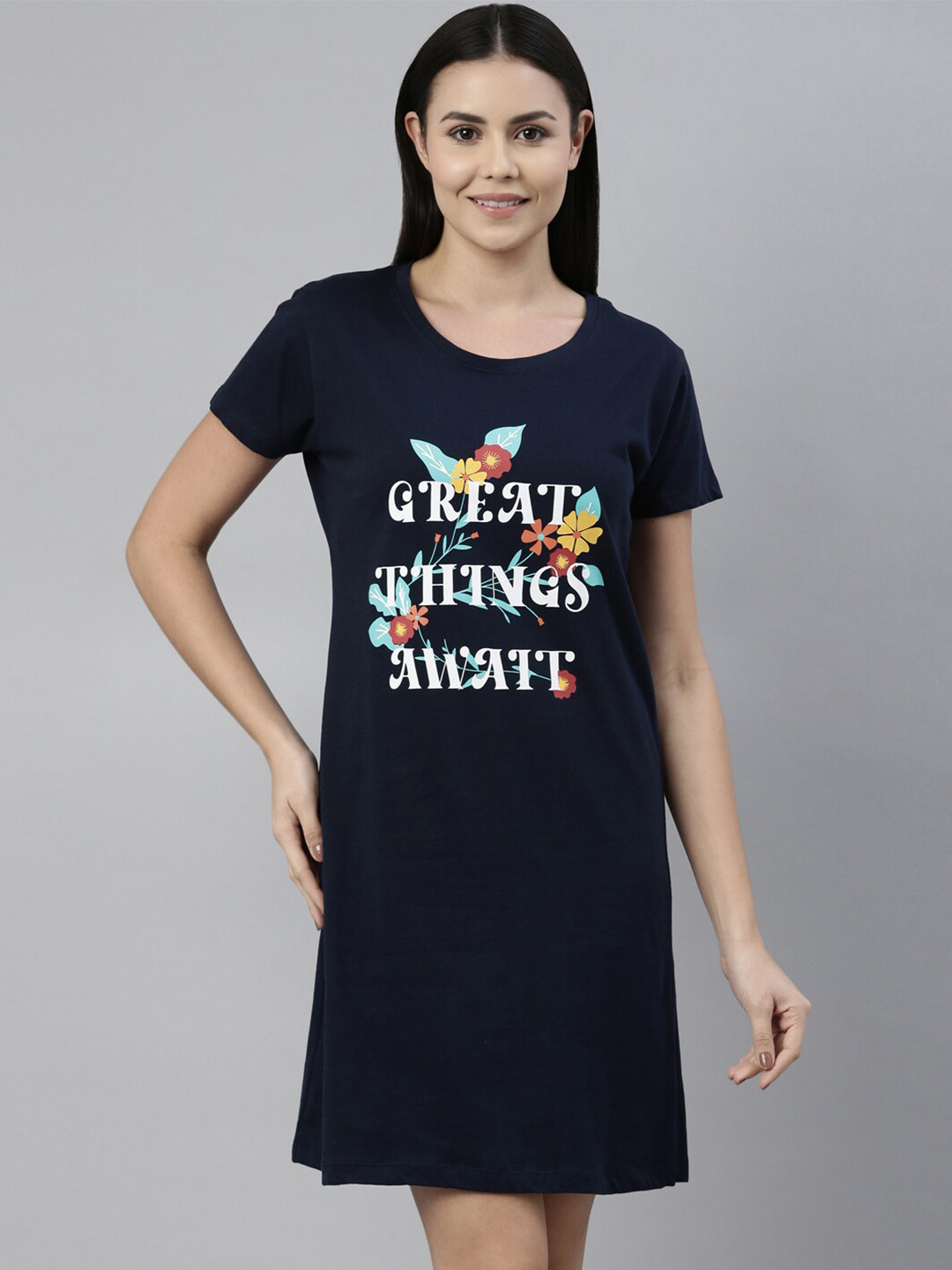 Curare Navy Blue Typography Printed Pure Cotton T-Shirt Nightdress