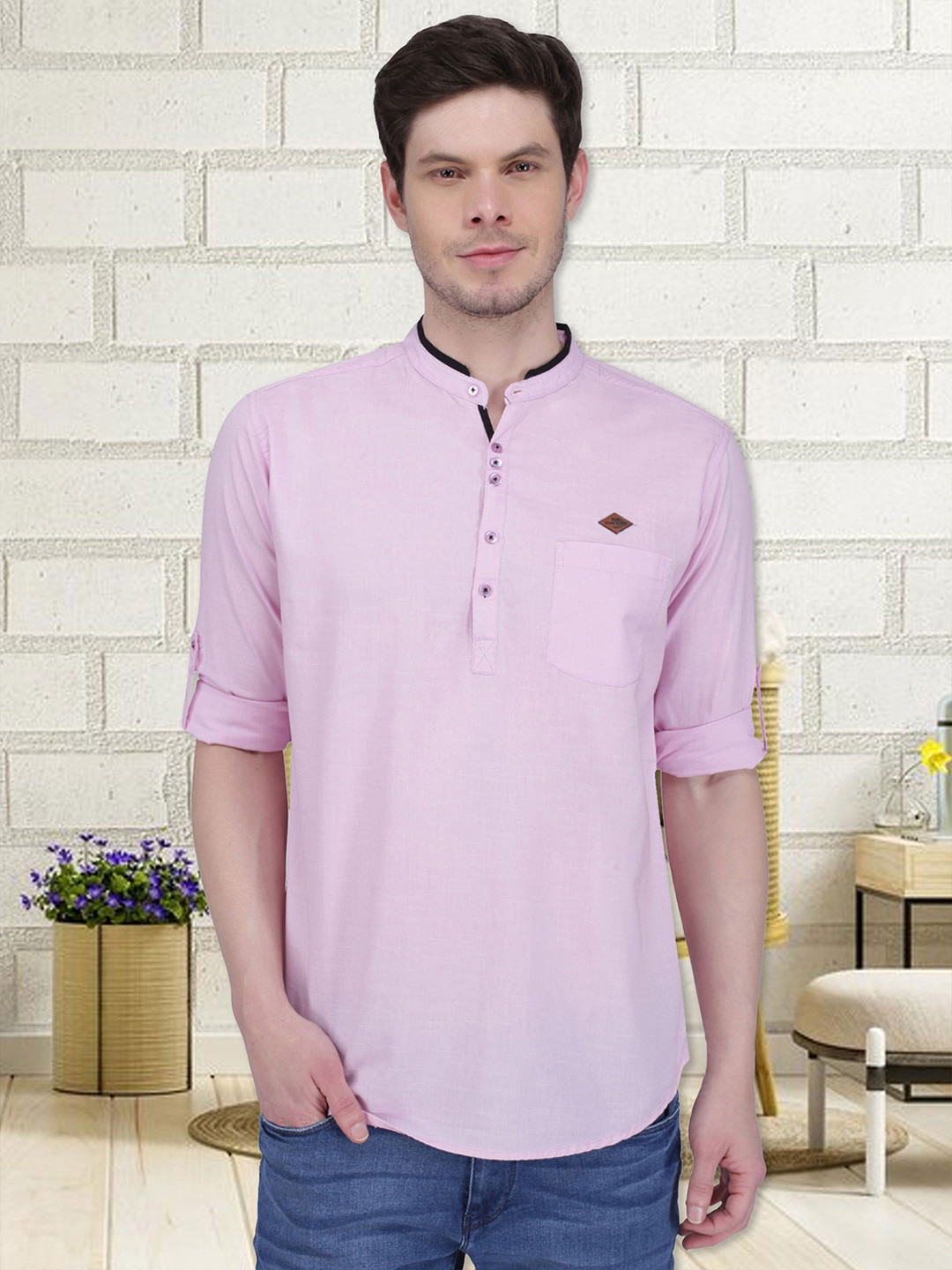 Kuons Avenue Men Pink Linen Cotton Casual Kurta