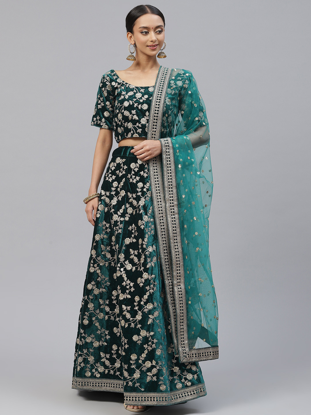Divine International Trading Co Teal Embroidered Sequinned Semi-Stitched Lehenga & Unstitched Blouse With