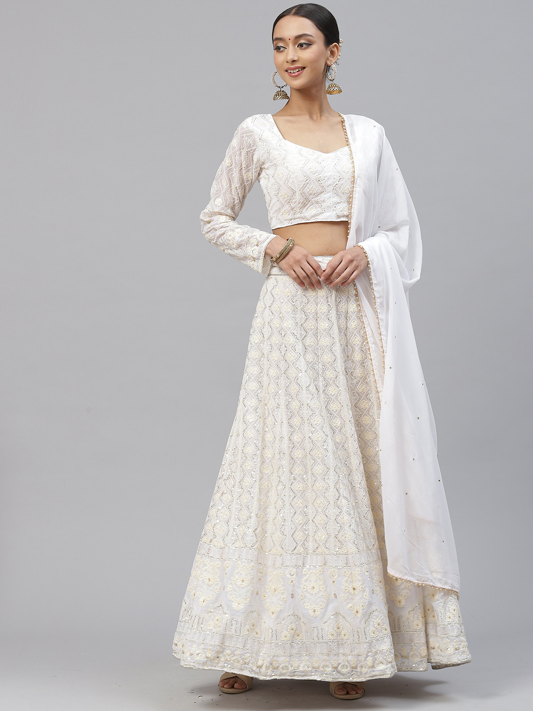 Divine International Trading Co White Embroidered Sequinned Semi-Stitched Lehenga & Unstitched Blouse With