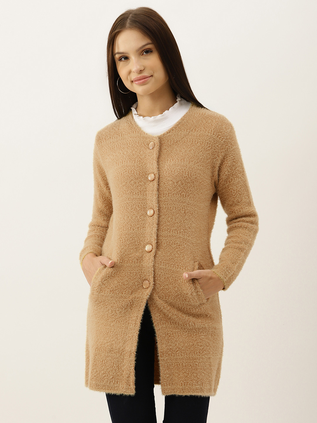 BROOWL Women Khaki Woollen Self-Design Longline Cardigan