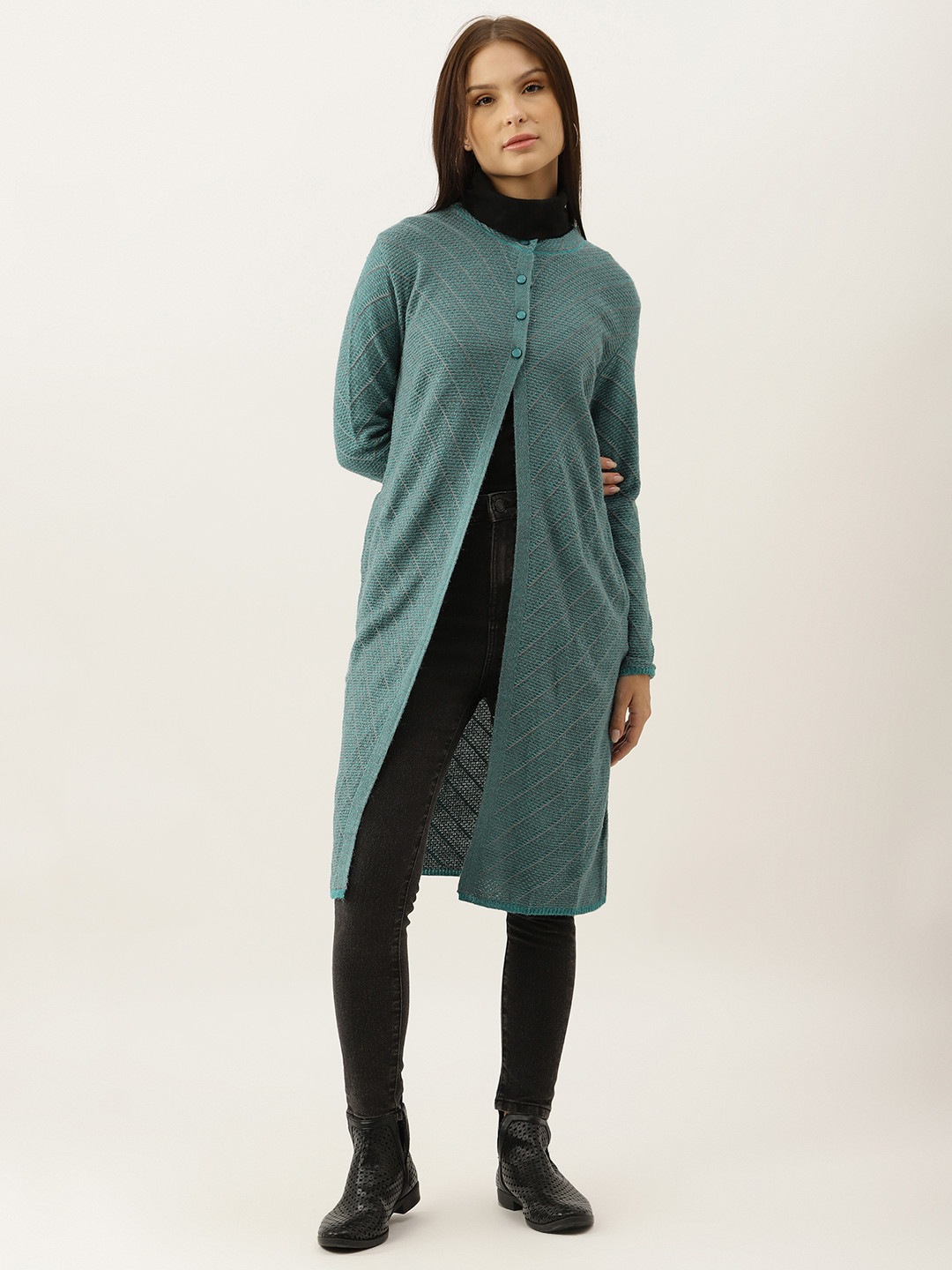 BROOWL Women Sea Green Woollen Self-Striped Longline Cardigan
