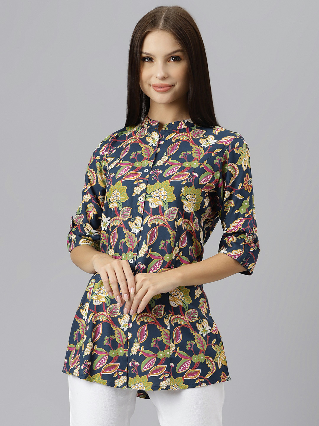 Divena Navy Blue & Pink Floral Print Mandarin Collar Roll-Up Sleeves Shirt Style Top