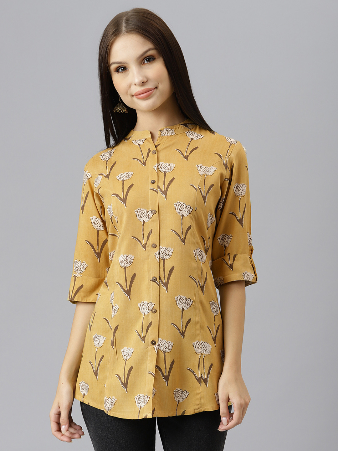 Divena Mustard Yellow Floral Print Mandarin Collar Roll-Up Sleeves Shirt Style Top