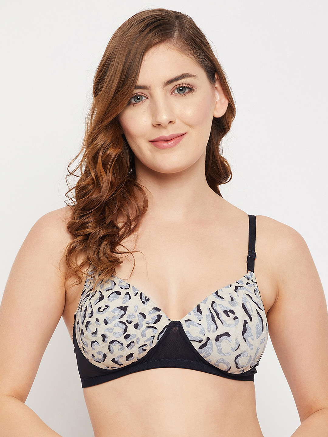 Clovia White & Black Animal Lightly Padded Non-Wired T-shirt Bra-BR1866W1832E