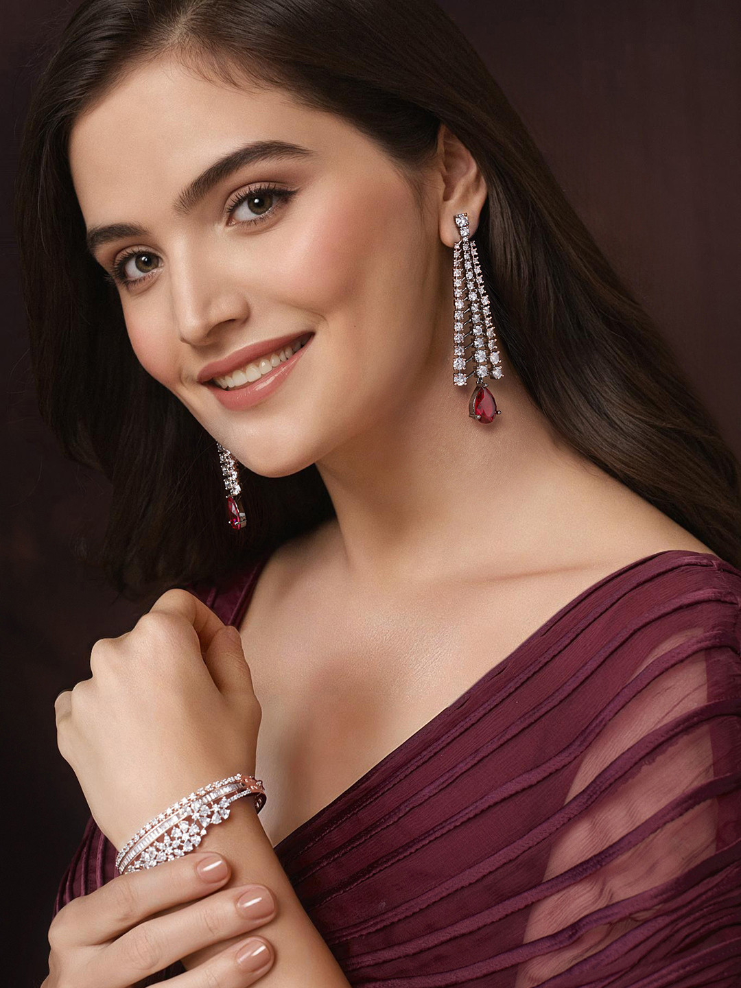 Priyaasi Silver Toned American diamond Drop Earrings