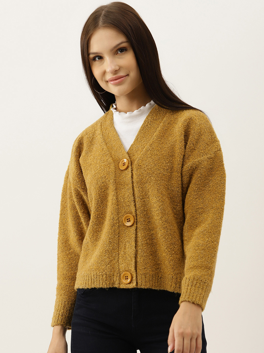 BROOWL Women Mustard Yellow Woollen Speckled Cardigan