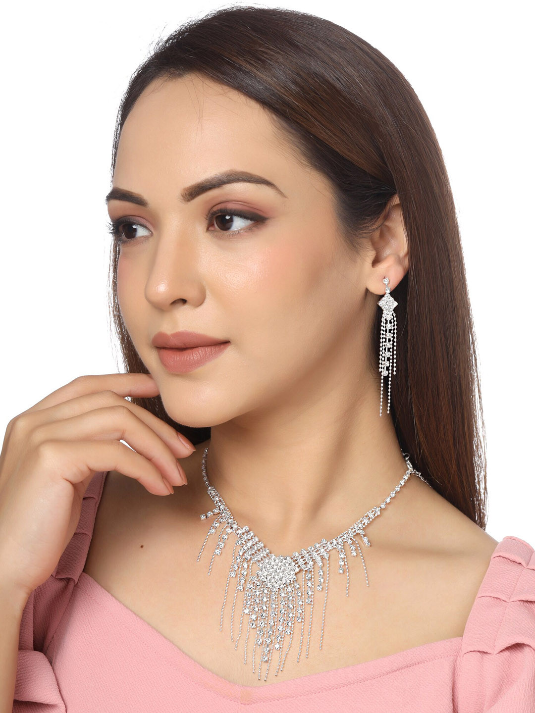 Yellow Chimes  Silver Toned Drop Chain Designed Jewellery Set